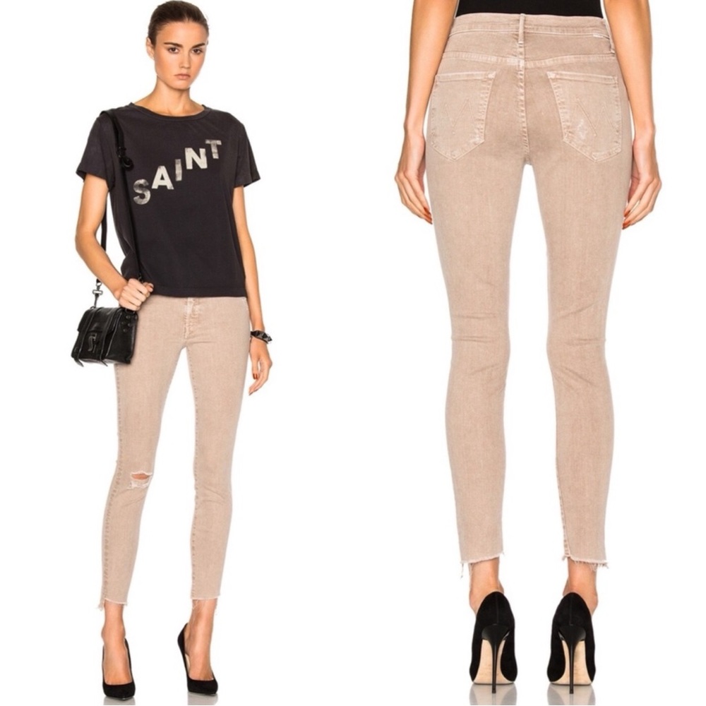 MOTHER Stunner Zip Ankle Step Fray Beige Distressed Ripped Skinny Jeans